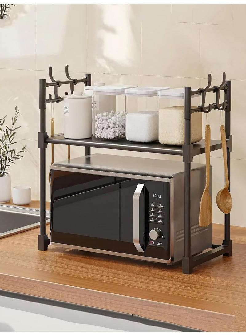 DubaiGallery Freestanding Countertop Microwave Rack with Upper Utility Hooks and Lower Storage Shelf, 60x33x54cm Black Metal Kitchen Organizer for Appliances and Accessories - Image 2